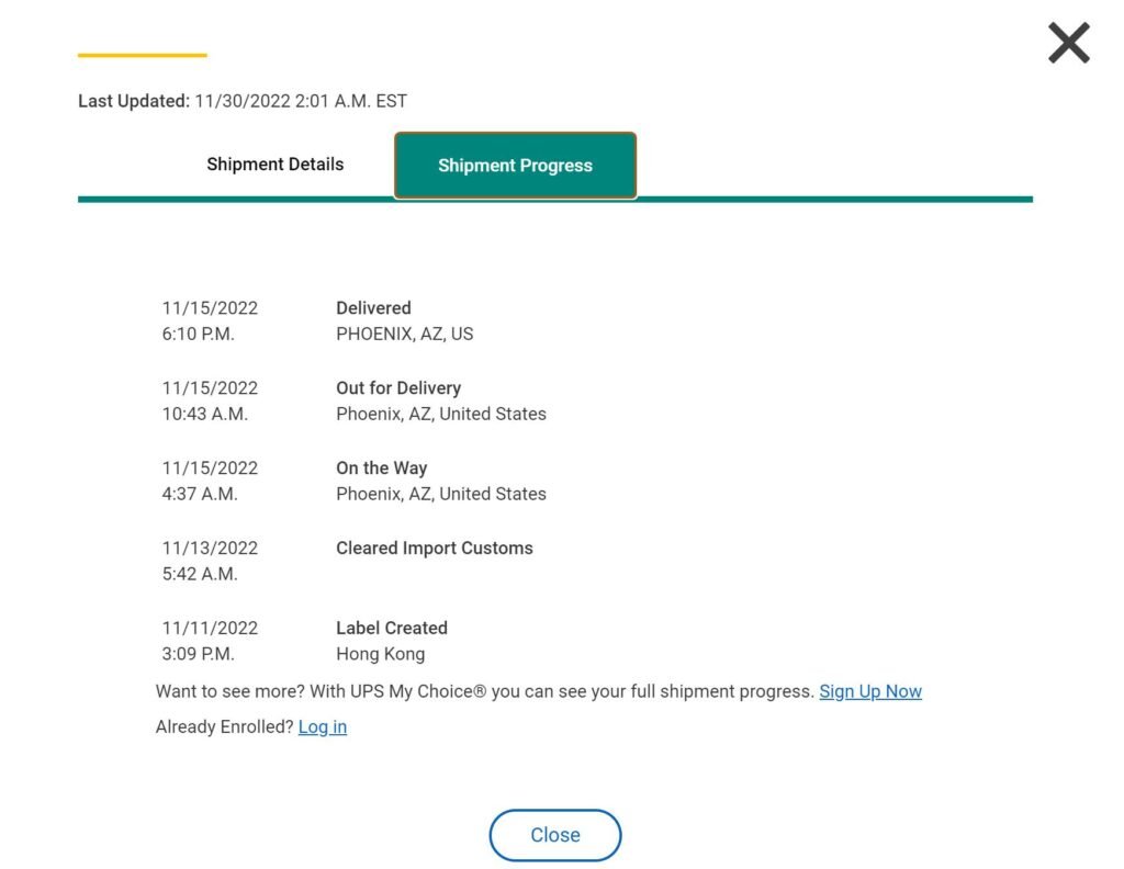 UPS shipment progress